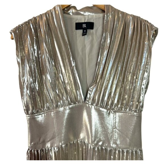 Banana Republic Gold Metallic Pleated Mini Dress Size 10P - Picture 4 of 7